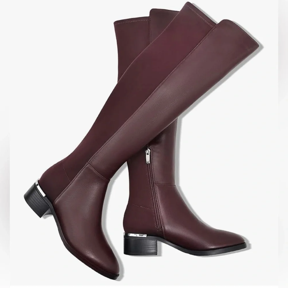 Motimoden Over the Knee High Chunky Heel Round Toe Low Boots with Stretchy Panel